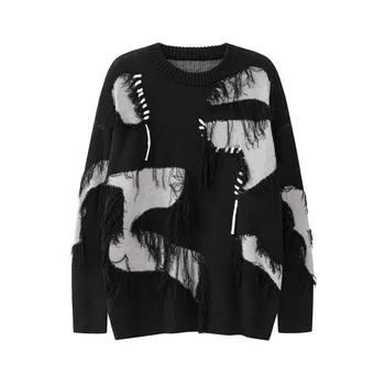 Американски стил, хай стрийт, дизайн на челно въжета с пискюли, есенно-зимни двойка, пуловер за малка група, вязаный пуловер