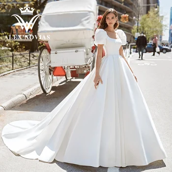 Атласное сватбена рокля ALEX NOVIAS с пищни ръкави за булката, класическата сватбена рокля с квадратна яка и влак, Vestidos Novias De Saten