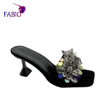 Африканска майка, украсена с кристали и пайети, дамски чехли на средна ток с голям цветен модел, ежедневни дамски чехли за банкети, модни партита