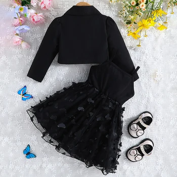 Бебе момиче рокля без ръкави екипировки 3D пеперуди тюл мозайка прашка рокля с дълъг ръкав с яка 