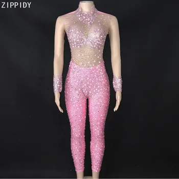 Блестящ гащеризон от розови кристали, костюм за рождения ден, Вечерни дрехи за изпълнения на певици