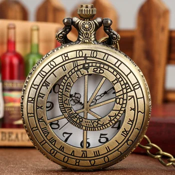 Бронз часовници Ретро Астрономически компас Геометрия Прага дизайн Куха висулка Кварцови часовници Джобни Огърлица, Верижка за часовник