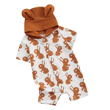 Великденски облекло за новородени момчета и момичета, комбинезони със заек, гащеризон с качулка, Мультяшная облекло за бебета с къс ръкав и копчета