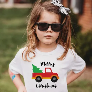 Весела Коледа с червен камион и коледна елха за деца, тениска за момиченца, коледна тениска, детска плат с хубав принтом