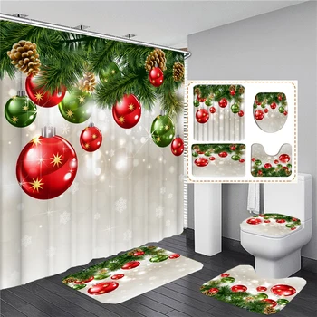 Весела Коледа, Тъканно завеса за душ с 12 куки, завеси за баня с новогодишен принтом, нескользящие постелки за баня, Комплект мокети за тоалетна