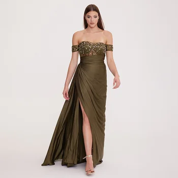 Вечерна рокля с блестящи кристали, луксозни рокли-русалка с открити рамене и цепка отстрани, зелени секси дамски рокли за бала