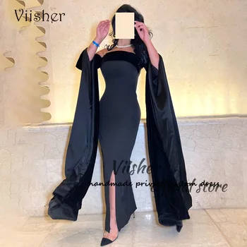 Вечерни рокли Viisher Black Русалка с цепка, без презрамки, обтягивающее атласное рокля за бала в Дубай, вечерни рокли за партита в Арабия