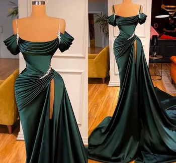 Вечерни рокли, абитуриентски Хънтър Green Русалка с дълга опашка 2022, секси рокля с висока цепка, украшенное мъниста, с открити рамене, вечерна рокля за приемане на