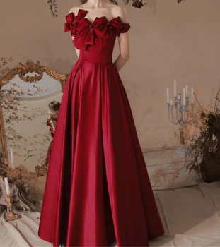 Вечерни рокли, шаферски цвят на червено вино Ashely Alsa, шапка с лък, ръкав трапецовидна форма, сватбената рокля на шаферка, вечерна рокля за бала, Vestidos