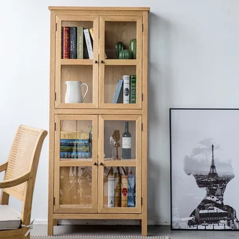 Винен шкаф от масивно дърво, лавица за книги в хола, трапезария, бюфет от стъкло дъб, ретро минималистичен шкаф за съхранение