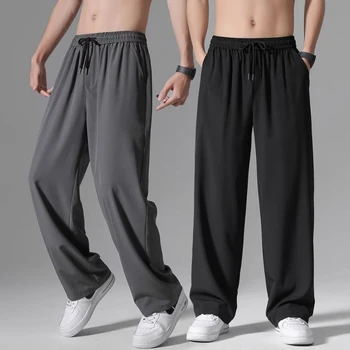 Висящите панталон Ice Silk, мъжки летни панталони, мъжки тенденция на преки Свободни тънки ежедневни панталони, универсални дишащи спортни ежедневни панталони