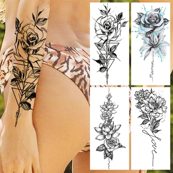 Временни татуировки с геометрия на ръка във формата на цвете от Черна Роза За жени и възрастни, Стикер с фалшива татуировка във формата на Лотос, реалистична хартия за татуировки в стила на боди арт