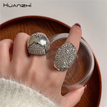 Геометрични пръстени HUANZHI с големи масивни кристали за жени и мъже, нов дизайн, преувеличени бижута в стил пънк Y2K, мода 2023 година