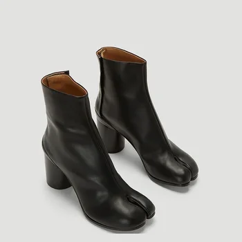 Дамски кожени ботильоны Ninja Tabi с разцепени пръсти, луксозен брендовый дизайн, Дамски обувки в кръгла обувки, дамски обувки на ток 7,5 см / 3.5 см