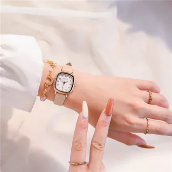 Дамски модни кварцов часовник с деликатна каишка в ретро стил, прости малки квадратни часовници в стил колеж, универсални подаръчни ръчни часовници на едро