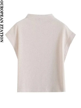 Дамски модни однотонная ежедневни тениска с пайети 2023, реколта летни дамски тениски с високо воротом и къс ръкав, mujer