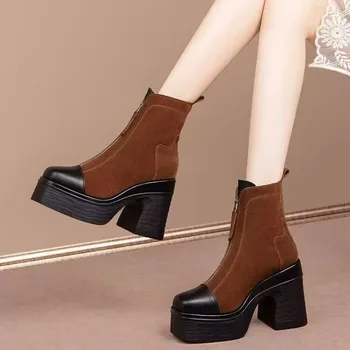 Дамски обувки на висок ток в ретро стил кафяв цвят, демисезонные велурени обувки на платформа, Нови дамски ботуши с квадратни пръсти и цип отпред