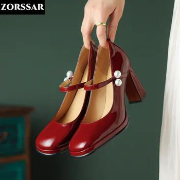 Дамски обувки на токчета, Дамски Обувки-лодка От Лачена Кожа, Червени Дамски Обувки на Масивна Обувки с Квадратни Пръсти, Mary Jane, Обувки на Висок ток
