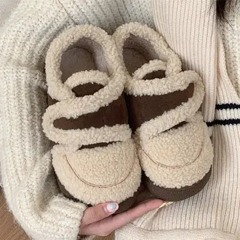 Дамски плюшени чехли на равна подметка, зимните чехли, обикновен женски домашни обувки на мека противоплъзгаща подметка с плетене на една кука и линия Hw28