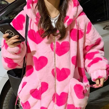 Дамски руното яке Harajuku Розов цвят, във формата на сърца, Топло Зимно яке Оверсайз, палто с качулка 2022, Есен-зима, Качулки y2k 