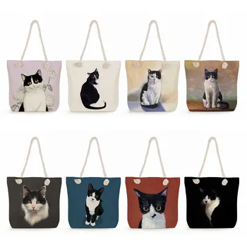 Дамски чанта през рамо с черно-бели принтом котка, Еко-множество дамски чанта за пазаруване с голям капацитет, улични плажни пътни чанти