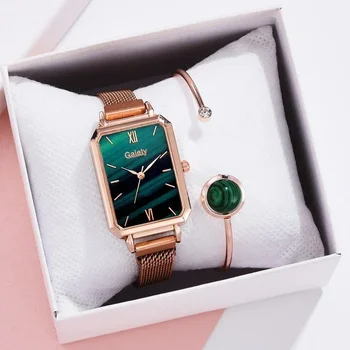 Дамски часовник, Модни квадратни дамски кварцови часовници, гривни, Зелен циферблат, Проста мрежа от розово злато, Луксозни дамски часовник