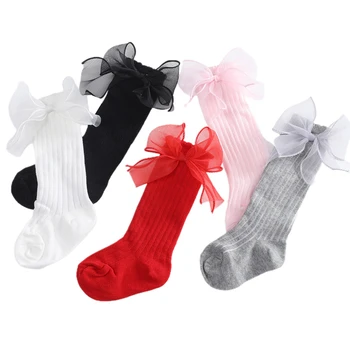 Дантелени меки чорапи за малки момичета, Годишна принцеса, Еластичен лък, Меки леки чорапогащи, дълги чорапи-тръба