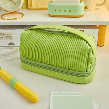 Двуетажно чанта за моливи, молив случай, авокадо, зелена, крем, бял, изкуствена чанта, чанта за съхранение на канцеларски материали, козметика, пътувания A7488