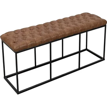 Декоративна пейка с метална основа от изкуствена кожа и бутони, Мебели кафяв цвят, Хоп за хол