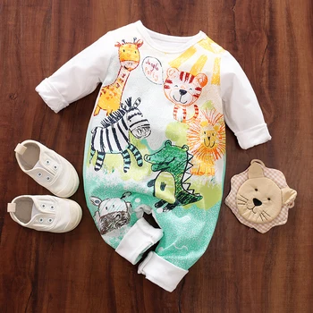 Детски гащеризон 0-12 м от памук, с хубав анимационни любимци принтом, удобна и мека пролет-есен облекло за новородени с дълъг ръкав