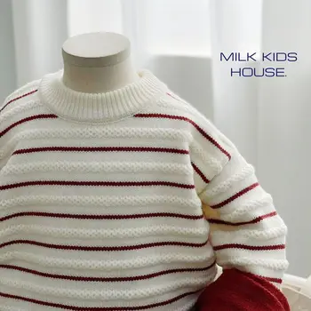 Детски дрехи, детски пуловер, есенно-зимно палто за момчета, топло нов ежедневието на обикновен детски пуловер на райета, нов модерен детски пуловер за деца