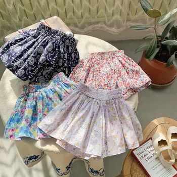 Детски дрехи от бутик, пола за малки момичета в Корейски стил с флорални принтом, Лято 2023, Нова мода, универсални, сладки, активни, широки, обикновена, цвят на