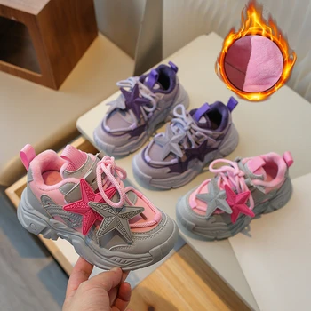 Детски маратонки с подплата, новост 2023 г., Пурпурни звезди, топло памучен обувки за момичета и момчета, есен-зима, Розов сто, Детски ежедневни обувки на плоска подметка
