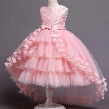 Детско бельо розова рокля на принцеса с опашка за момичета, елегантна рокля за рождения ден с цветя, коледно облекло за момиче от 3 до 12 години