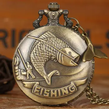 Джобен часовник във формата на рибки, кварцов Реколта часовници за риболов, Окачени часовници с верига-огърлица за мъже и жени reloj pesca hombre