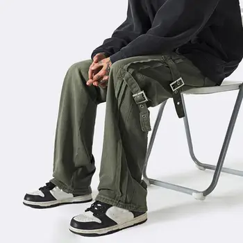 Директни широки панталони Стилни мъжки панталони-карго средна кацане със страничен обтегач директно дизайн, достатъчно за дълго носене за момчета