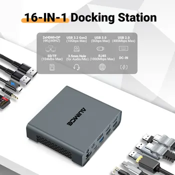 Докинг станция 16-в-1 USB C Двойна DP, HDMI, USB 3.0 3.2 SD/ TF RJ-45 Ethernet Аудио PD за лаптоп Mac iPad Три канала 4K 60HZ