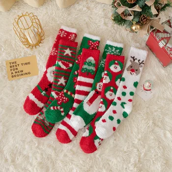 Дългите Коледни Чорапи от коралов руно Нов Сгъсти Коледен Подарък Етаж Чорап за сън Снежинка Елен Дърво Коралови Плюшени Чорапи Нова Година