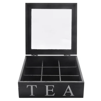 Дървена Кутия За Чай с 9 Мрежи, Контейнер За Съхранение на Чай от Пакетчета, Квадратна Подарък Кутия, Прозрачна Кутия За Съхранение на Бижута и Горния Капак-Черен