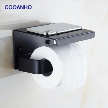 Държач за тоалетна хартия COOANHO с държач за мобилен телефон, монтиран на стената на притежателя на ролка тоалетна хартия от неръждаема стомана-С рафт-Черен