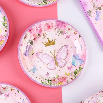еднократна хартиена чиния 12шт, розова, за еднократна употреба с чиния с хубави шарени пеперуди за парти