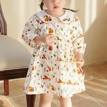 Есен-пролет 2023, памучно рокля трапецовидна форма за по-малките момичета, Детски ежедневни облекла с дълги ръкави, сладък рисунка, Мек комфорт За деца на 2-7 години