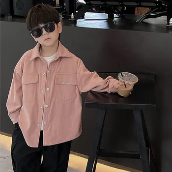 Есенни детски ризи 2023 година, корейската стилна однотонная свободна вельветовая риза, ежедневното палто с отложным яка за момчета