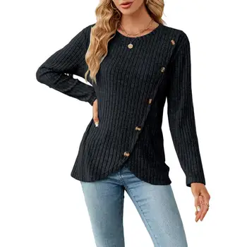 Есента женски пуловер с копчета, през цялата силует, дълъг ръкав, Асиметричен подгъва, Тънък вязаный еластичен пуловер, Шарени текстурный женски пуловер
