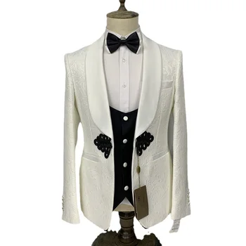 Жаккардовый костюм с бяла папийонка, комплект от 3 бр., черна жилетка, панталони, оборудвана блейзър за парти, за абитуриентски бал, панталони, пълен с мъжки костюми, сватбени рокли