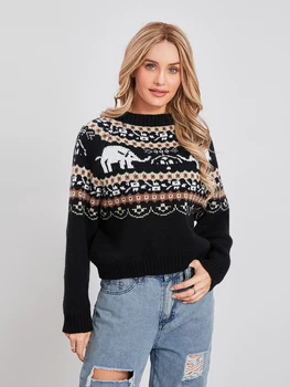 Жена вязаный пуловер с кръгло деколте и дълъг ръкав, пуловер под формата на слон, топъл пуловер за есента-зимата