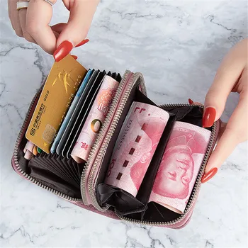 Жена кожена кесия на двоен цип за притежателя на кредитна карта, дамски портфейл за монети, модерен клатч, Малка парична чанта cartera mujer