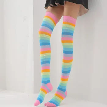 Жените с преливащи се цветове чорапи за момичета, дамски чорапи в цветна ивица, дамски чорапогащи над коляното