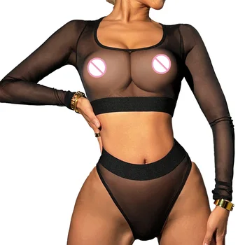 Женски секси прозрачен съкратен топ с дълъг ръкав, долни Гащи с висока талия, бельо, Еротичен комплект дамско бельо