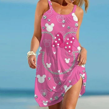 Женствена рокля Disney с Мини и Мики Маус, реколта дамски плажни поли, рокля Midi без ръкави, градинска облекло на марката Boho, нощно рокля